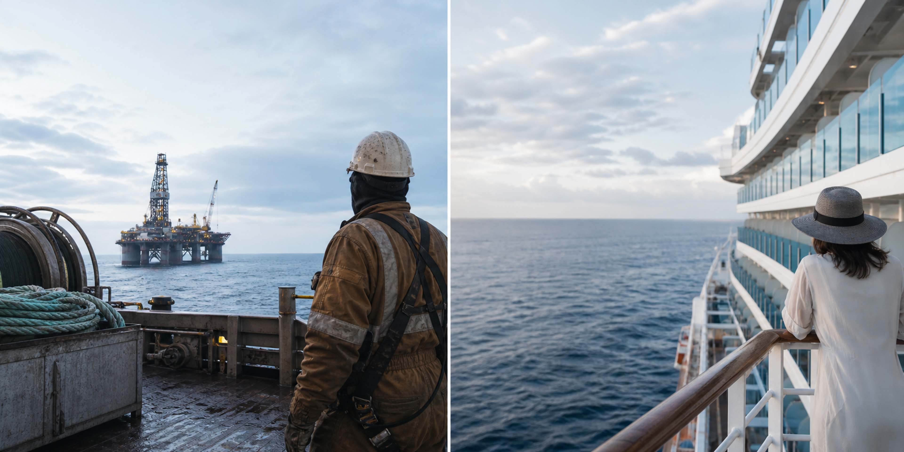 Offshore worker facing a drilling platform with a cruise ship in the distance