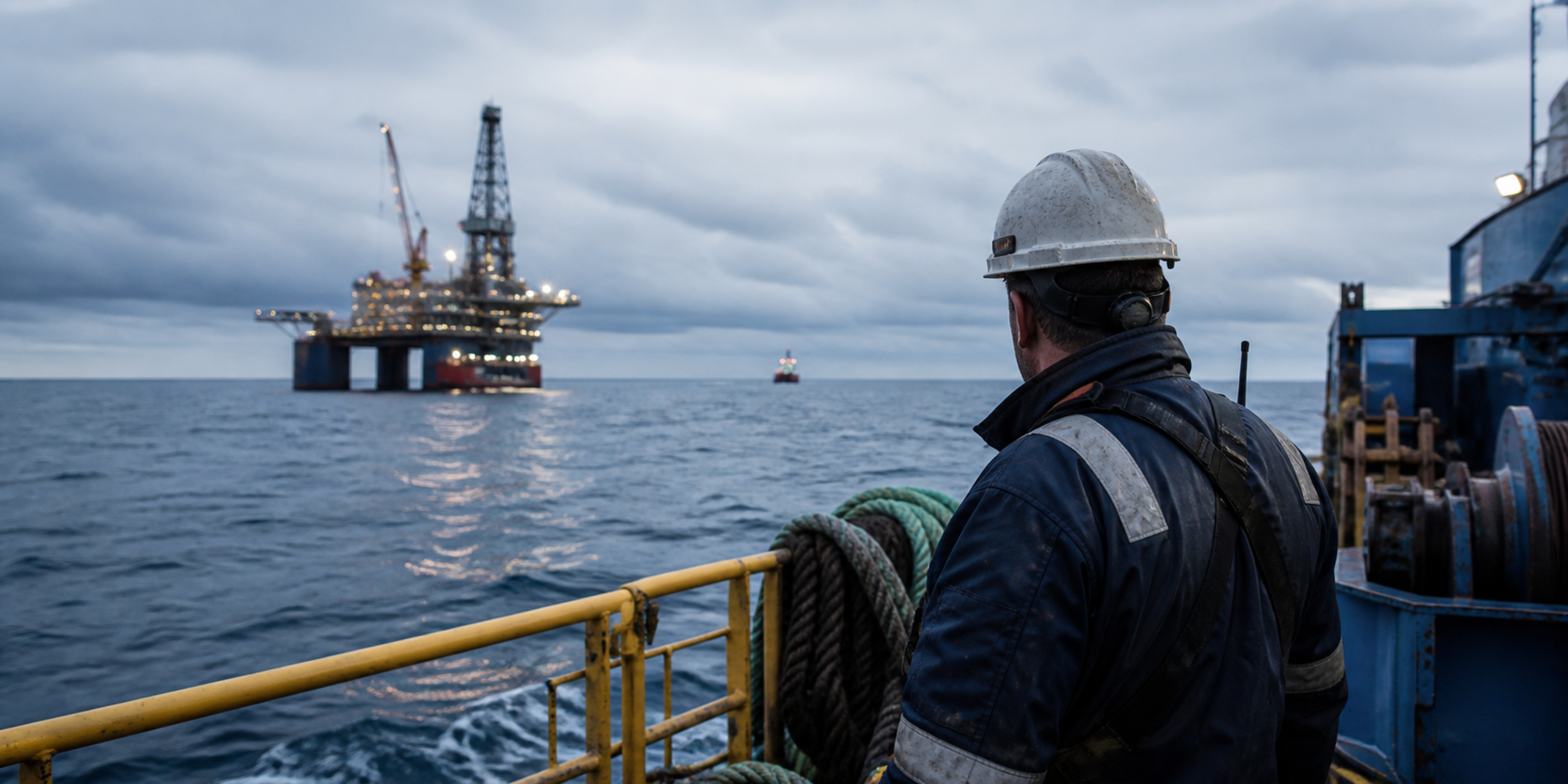 Offshore worker looking toward an offshore drilling platform at sunset